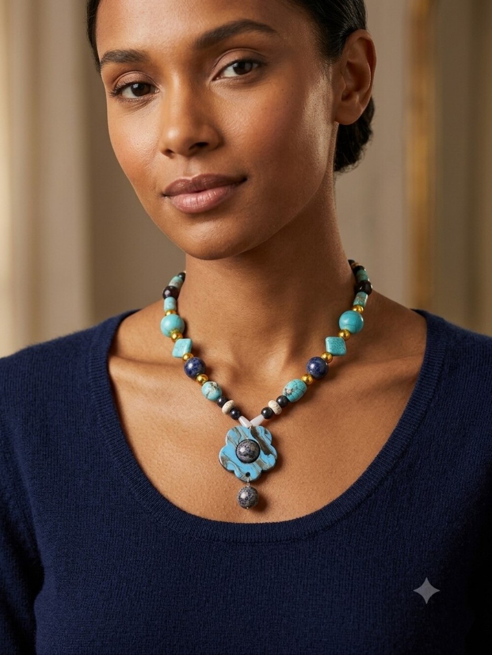 Turquouse Blue Lapis Beaded Flower Sratement Chunky Boho Gemstone Necklace